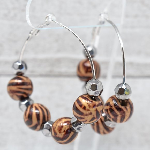 2" Zebra Print Wood Beads Leverback Hoop Earrings - Picture 3 of 12